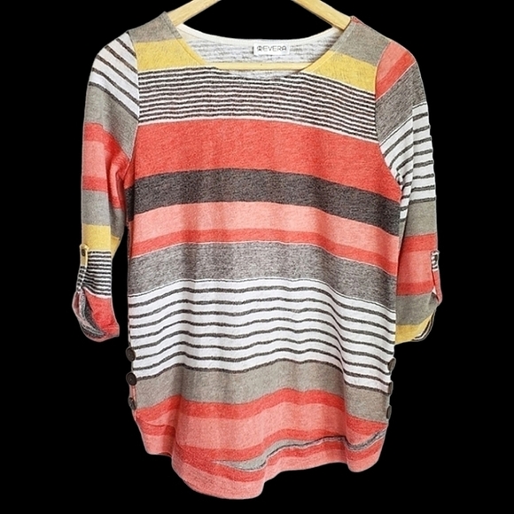 EVERA Women's Striped Tunic Button Short Sleeve Top Medium Blouse - Picture 1 of 5